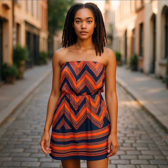EXPRESS Y2K Tube Top Geometric Chevron Orange Navy Blue Boho‎ Chic Dress Size M - Picture 1 of 16